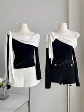 Women's Elegant Off Shoulder Black And White Contrast Tie Bow Bodycon Cold Shoulder T-Shirt, Autumn/Winter